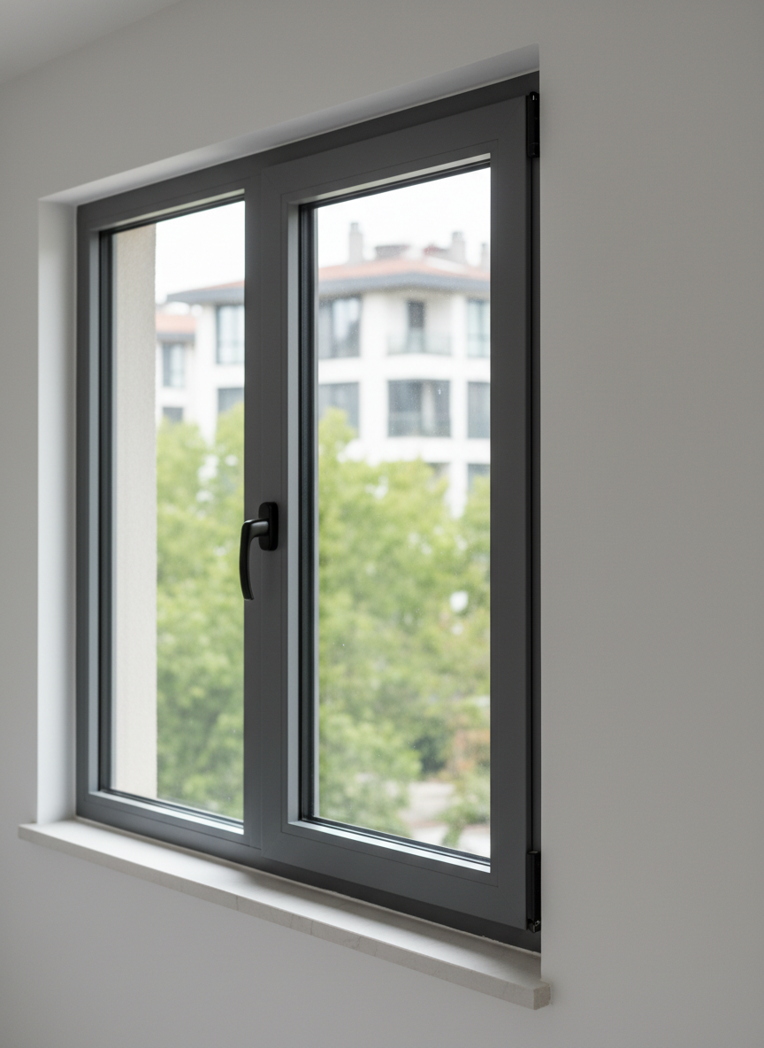 A close-up, highly detailed view of an anthracite gray aluminum window frame with double-glazed glass, perfectly installed into a smooth, freshly painted white wall. The precise mitered corners, flawless joints, and even rubber gaskets highlight expert workmanship. Outside the glass, a soft-focus hint of green trees and modern buildings suggests an Istanbul residential area. Bright but diffused daylight illuminates the frame, creating subtle reflections on the aluminum surface and gentle shadows on the wall. Shot in photographic realism from a slightly angled perspective, using shallow depth of field to keep the frame edges razor sharp while the background melts into a clean, professional blur, conveying quality, durability, and modern design.