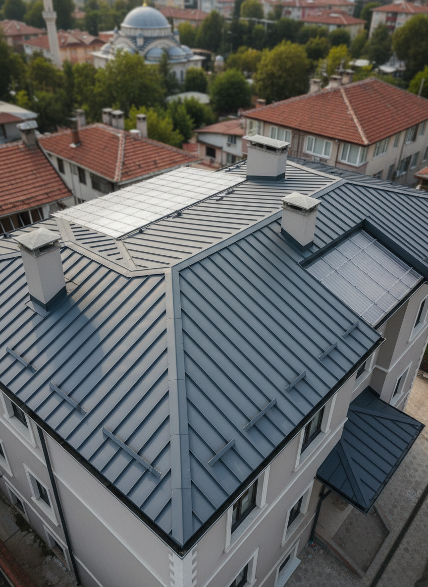 A bird’s-eye, photographic view of a complex, newly completed metal roof and terrace covering system on a low-rise building in Istanbul’s Göktürk district. Interlocking dark gray metal roof panels, neatly aligned gutters, and carefully sealed junctions around chimneys and walls demonstrate high-level craftsmanship. Transparent polycarbonate sections over a terrace allow natural light in while maintaining protection. Soft midday daylight enhances the precise geometry without harsh shadows. Surrounding roofs and tree-lined streets are softly defocused around the edges of the frame. The composition is balanced and technical, evoking reliability, weather resistance, and long-term durability, ideal for showcasing professional roof and terrace closure services.