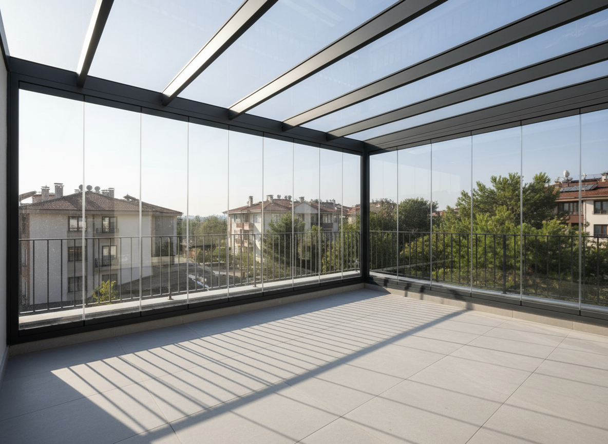 A wide, detailed view of a freshly renovated modern terrace in Istanbul, featuring a sleek aluminum and glass roof system with clear panels and dark anthracite frames. The terrace floor is covered with clean, light-gray ceramic tiles, and minimalist metal railings outline the edges. In the distance, softly blurred low-rise Göktürk buildings and greenery hint at the neighborhood setting. Late afternoon natural light filters through the transparent roof, casting crisp geometric shadows across the floor. Photographic realism, eye-level composition with sharp focus throughout, emphasizing craftsmanship, clean lines, and a professional, trustworthy mood suitable for a construction and renovation company website header.