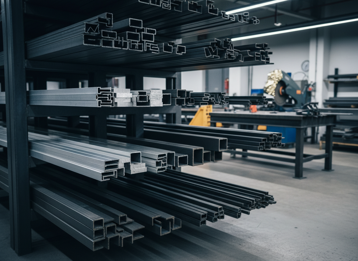 An industrial yet refined interior corner of a workshop where aluminum, iron, and steel profiles are neatly organized on heavy-duty racks. Brushed aluminum lengths, dark steel I-beams, and glossy black iron bars are arranged systematically, each surface catching the cool, directional overhead LED lighting. The concrete floor is spotless, with faint reflections of the metal pieces, reinforcing a sense of order and professionalism. A large, partially visible cutting saw and welding table stand in the background, softly out of focus. Shot from a slightly elevated angle in photographic realism, with deep focus on the foreground profiles. The atmosphere feels disciplined and expert, showcasing the material foundation behind high-quality renovation work in Istanbul.
