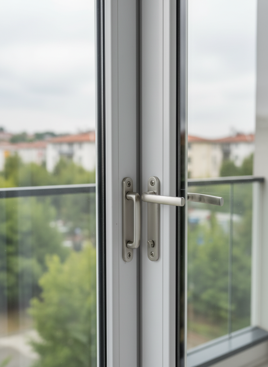 A meticulously detailed close-up of a white PVC door and window system on a modern balcony, showcasing the multi-chambered frame, rubber seals, and multi-point locking hardware. The PVC surface is pristine, with a subtle satin finish that catches the soft overcast daylight. Behind the glass, an out-of-focus view hints at a calm Göktürk residential street with greenery. The shot is taken at eye level, framed tightly so that the geometry of the profiles, clean silicone lines, and alignment of hinges and handles communicate precision installation. Photographic realism with a clean, minimal background, creating a calm, reliable atmosphere that underlines the company’s expertise in PVC joinery and energy-efficient solutions.